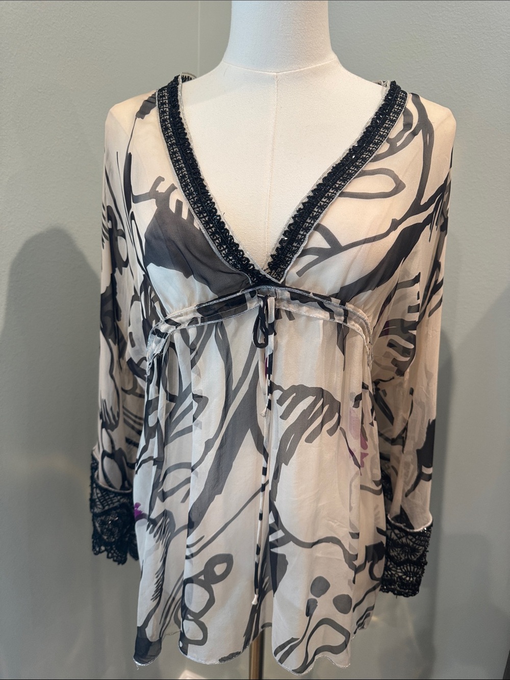 Sheer Black & White Tie-Front Chemise with Lace Trim